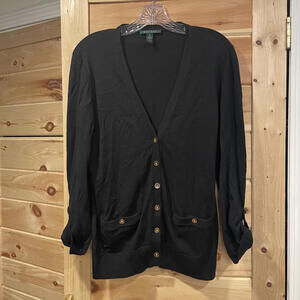 Lauren Ralph Lauren Black Cotton Cardigan Sweater, Medium